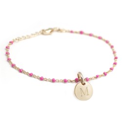 Bracelet Chaine perles émaillées roses - Plaqué or