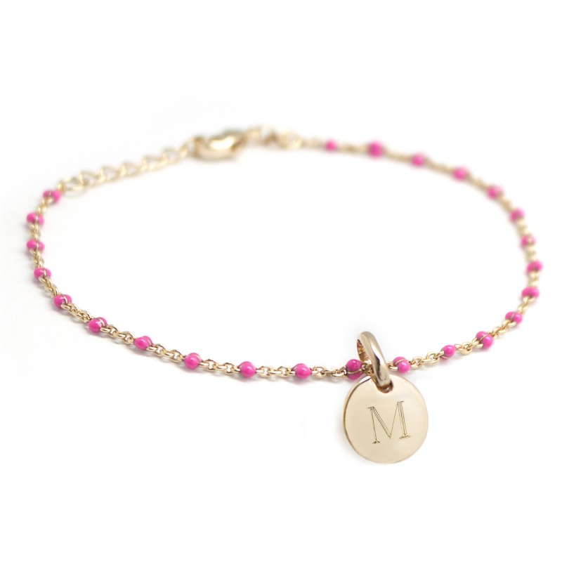 Bracelet Chaine perles émaillées roses - Plaqué or Bracelet Chaine perles émaillées roses - Plaqué or