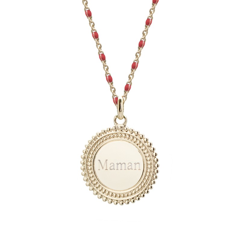 Collier médaille perlée chaine émaillée rouge - Plaqué or Collier médaille perlée chaine émaillée rouge - Plaqué or