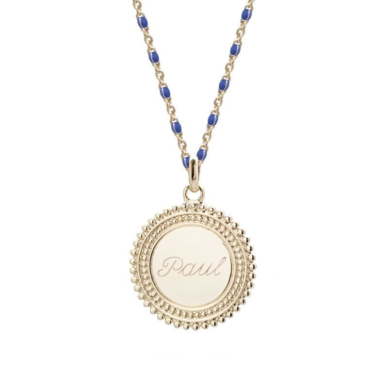 Collier médaille perlée chaine émaillée bleue - Plaqué or Collier médaille perlée chaine émaillée bleue - Plaqué or