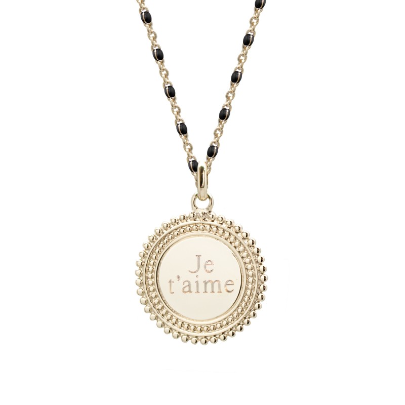 Collier médaille perlée chaine émaillée noire - Plaqué or Collier médaille perlée chaine émaillée noire - Plaqué or