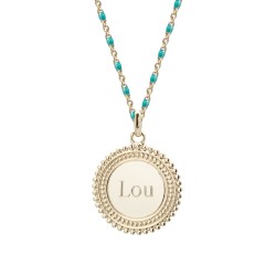 Collier médaille perlée chaine émaillée turquoise - Plaqué or