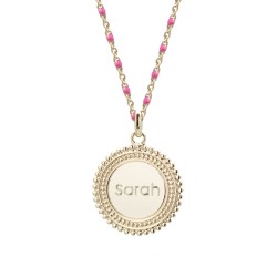 Collier médaille perlée chaine émaillée rose - Plaqué or