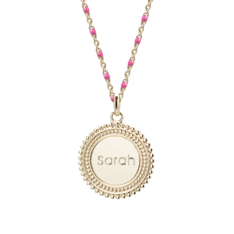 Collier médaille perlée chaine émaillée rose - Plaqué or Collier médaille perlée chaine émaillée rose - Plaqué or